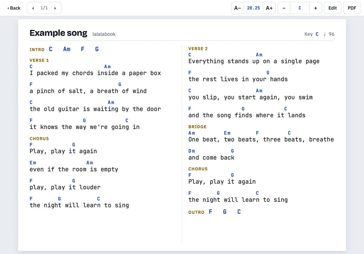 lalalabook on a tablet: a chord sheet laid out on one landscape page, with chords above the lyrics